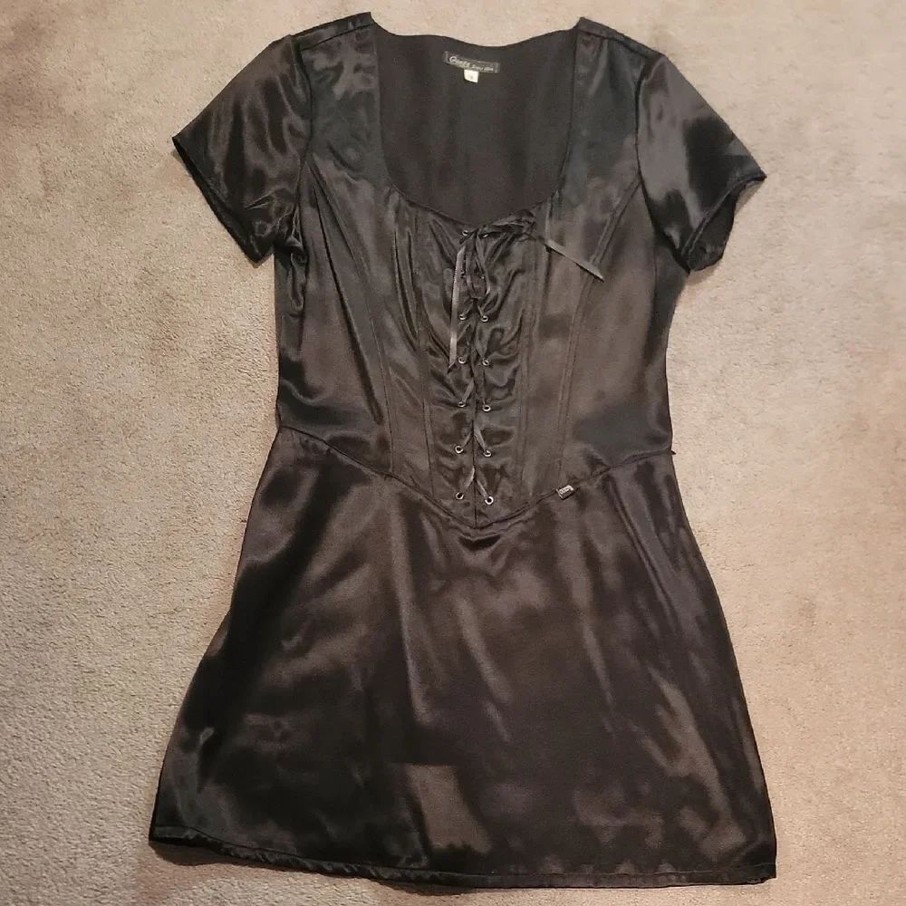 Vintage Guess Black Satin Dress With Lace Up Front. Sz 9